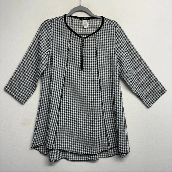 Yushi Tops - Yushi Plaid Check Sheer Tunic Lagenlook Art to Wear Black White S Zip Detail